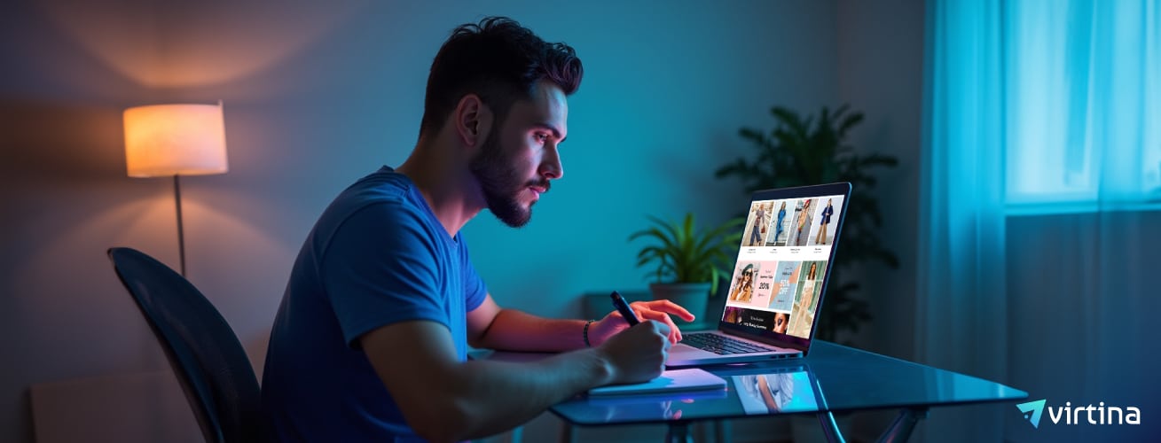 Business owner planning eCommerce platform selection on a laptop.