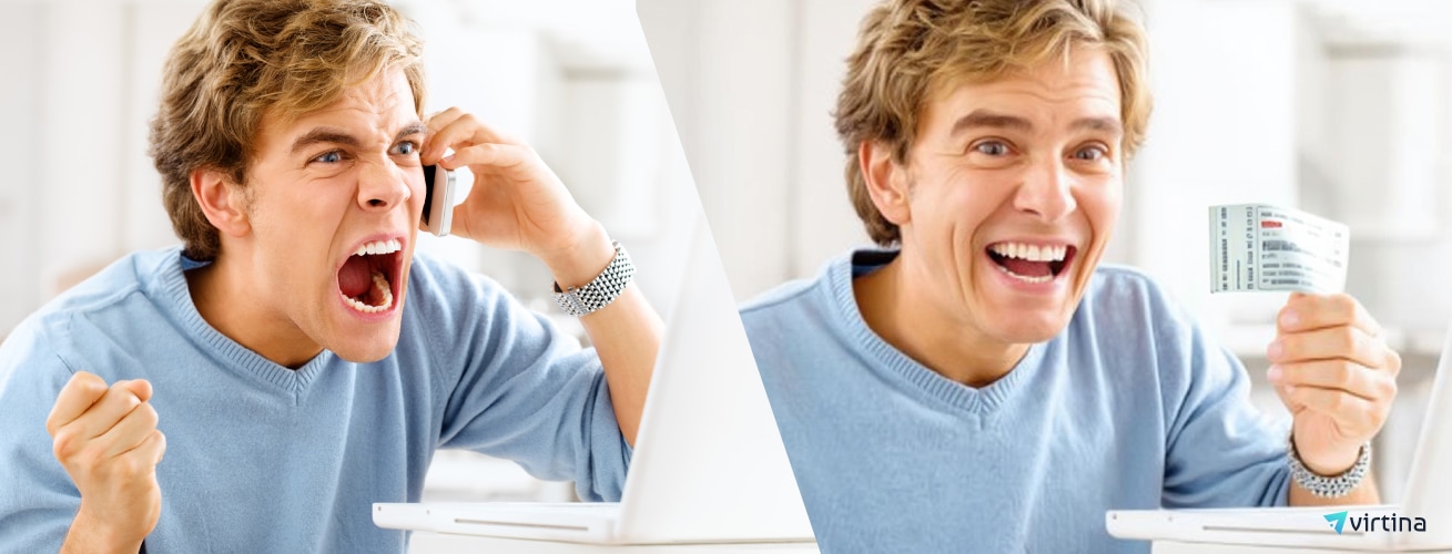 Frustrated user facing complex checkout vs. happy user using easy payment plan interface.