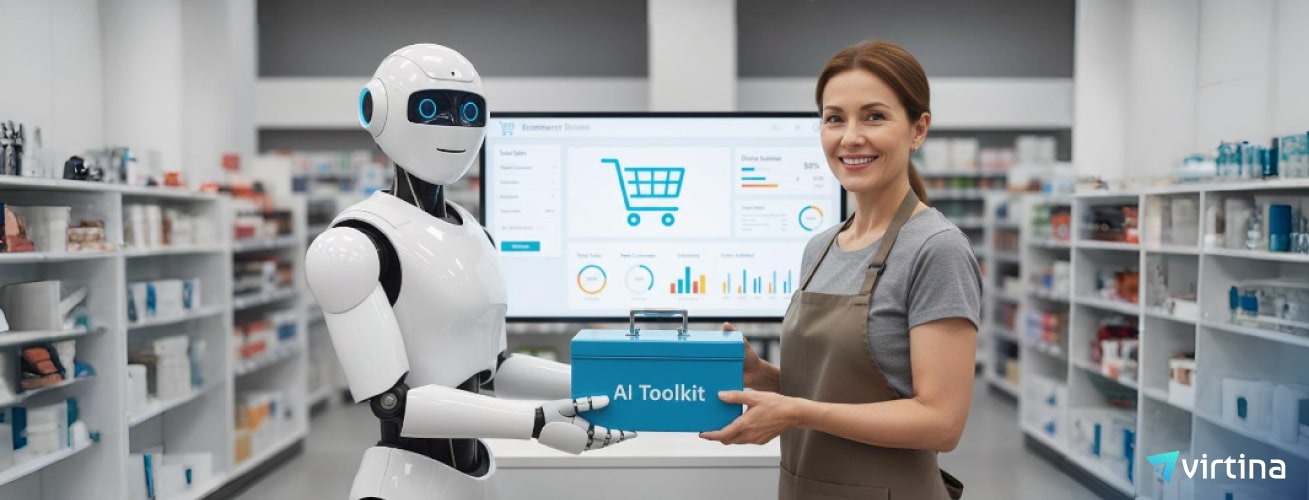 Robot handing an AI toolkit to a store owner to enhance an ecommerce platform.